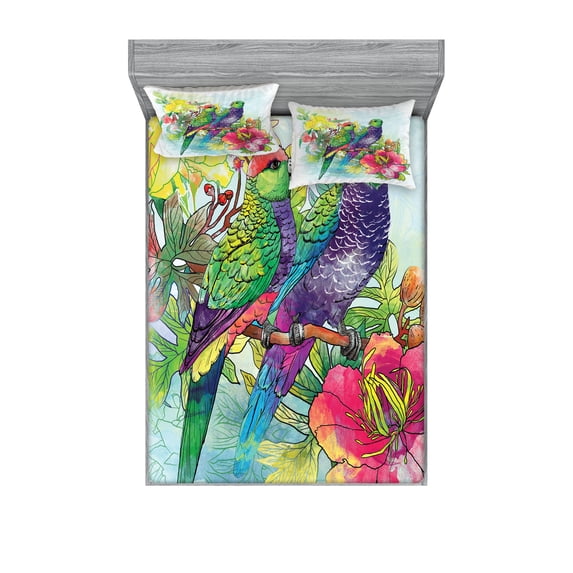 Ambesonne Tropical Fitted Sheet & Pillow Sham Set, Flowers Parrots Love, Full, Multicolor