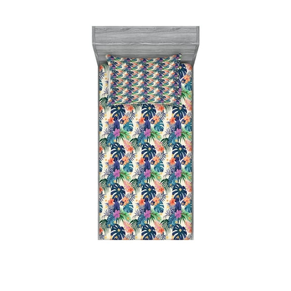 Ambesonne Tropical Fitted Sheet & Pillow Sham Set, Flowers of Exotic Plants, Twin, Multicolor