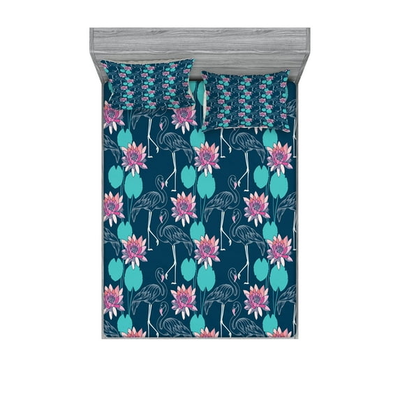 Ambesonne Tropical Fitted Sheet & Pillow Sham Set, Hawaii Exotic Arrangement, Full, Multicolor