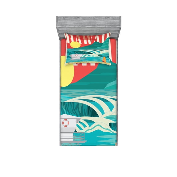 Ambesonne Tropical Fitted Sheet & Pillow Sham Set, Hawaii Holiday Coast, Twinxl, Sand Teal