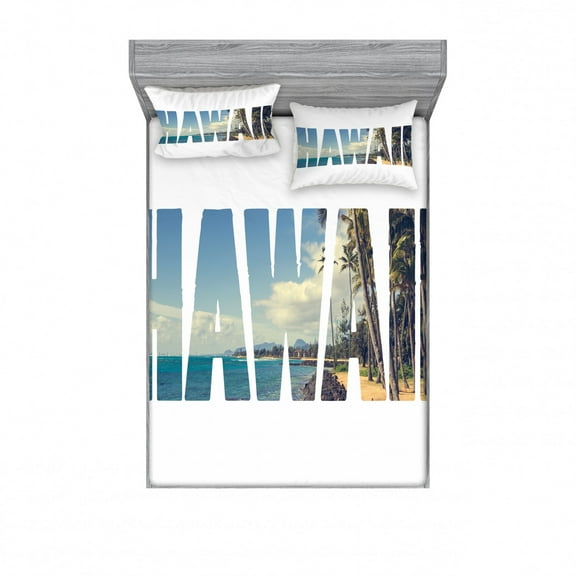 Ambesonne Tropical Fitted Sheet & Pillow Sham Set, Hawaii Themed, Full, Blue Green