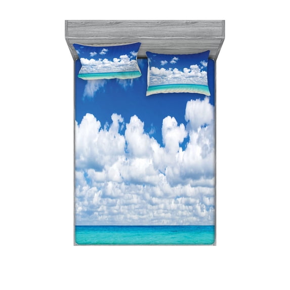 Ambesonne Tropical Fitted Sheet & Pillow Sham Set, Hawaiian Exotic Sky, Queen, Turquoise White
