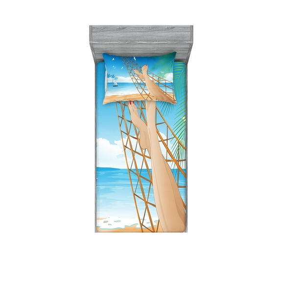 Ambesonne Tropical Fitted Sheet & Pillow Sham Set, Hawaiian Ocean Hammock, Twin, Cream and Blue