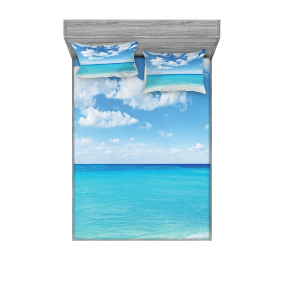 Ambesonne Tropical Fitted Sheet & Pillow Sham Set, Hawaiian Seascape, Full, Turquoise White