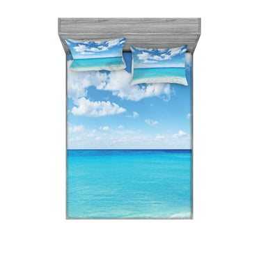 Ambesonne Tropical Fitted Sheet & Pillow Sham Set, Hawaiian Seascape, Queen, Turquoise White