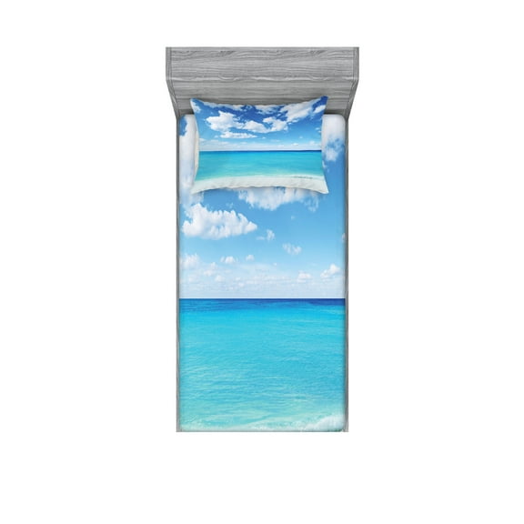 Ambesonne Tropical Fitted Sheet & Pillow Sham Set, Hawaiian Seascape, Twin, Turquoise White
