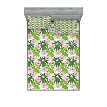 Ambesonne Tropical Fitted Sheet & Pillow Sham Set, Hibiscus Flora Hand Drawn, Queen, Blush Green Apple Green
