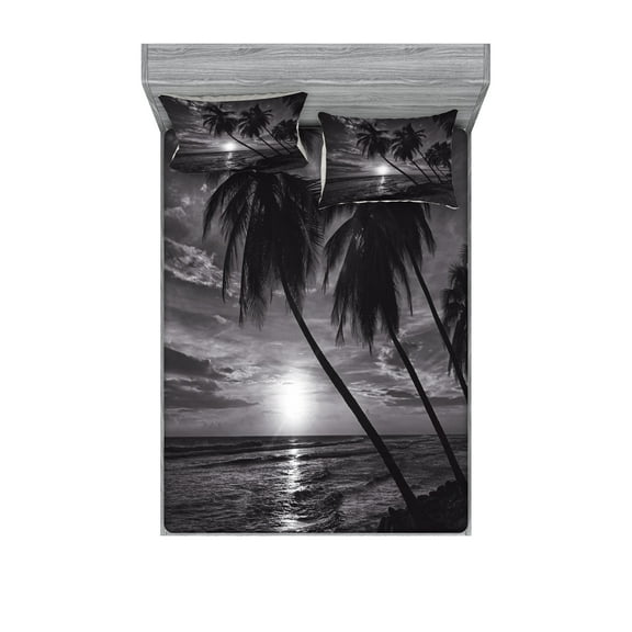 Ambesonne Tropical Fitted Sheet & Pillow Sham Set, Horizon over Sea Picture, Queen, Black and White