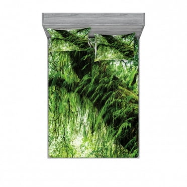 Ambesonne Tropical Fitted Sheet & Pillow Sham Set, Idyllic Spring Jungle, Queen, Green Brown