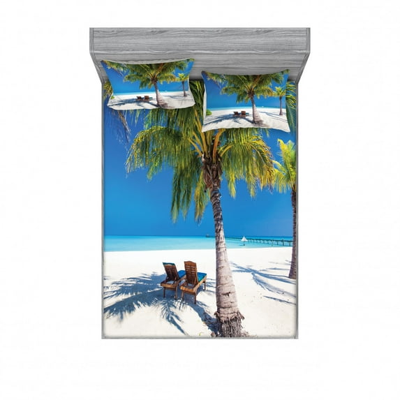 Ambesonne Tropical Fitted Sheet & Pillow Sham Set, Island Palms Sunbeds, Full, Green Blue White
