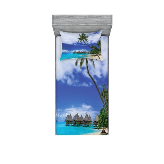 Ambesonne Tropical Fitted Sheet & Pillow Sham Set, Island Pasific Ocean, Twinxl, White Green Blue