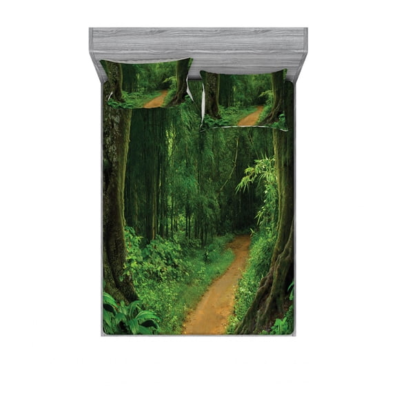 Ambesonne Tropical Fitted Sheet & Pillow Sham Set, Jungle Forest Trees, Queen, Green Brown