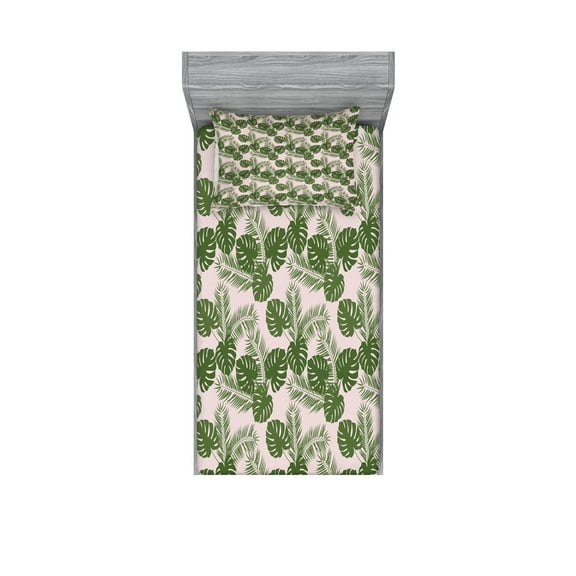 Ambesonne Tropical Fitted Sheet & Pillow Sham Set, Monstera Leaf Palm Tree, Twinxl, Green Pale Pink