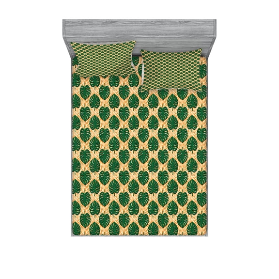 Ambesonne Tropical Fitted Sheet & Pillow Sham Set, Monsteras Zebra Backdrop, Full, Orage Cream Green