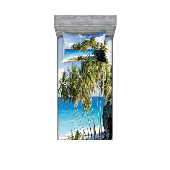 Ambesonne Tropical Fitted Sheet & Pillow Sham Set, Ocean Exotic Beach, Twinxl, Cream Blue