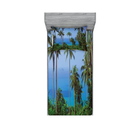 Ambesonne Tropical Fitted Sheet & Pillow Sham Set, Ocean Jungle Beauty, Twin, Blue Green