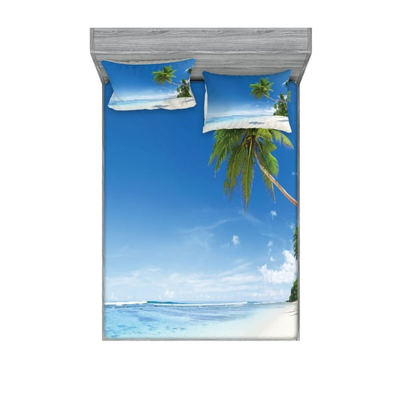 Ambesonne Tropical Fitted Sheet & Pillow Sham Set, Ocean Summer Palms, Full, Blue Green Cream