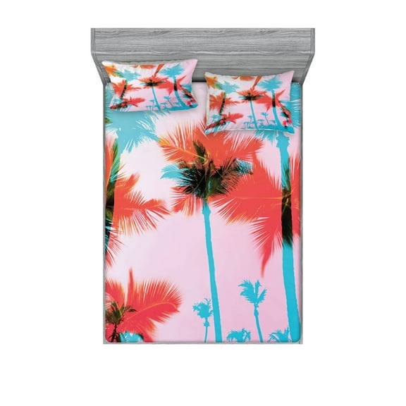 Ambesonne Tropical Fitted Sheet & Pillow Sham Set, Palm Tree Silhouettes, Queen, Dark Coral Turquoise