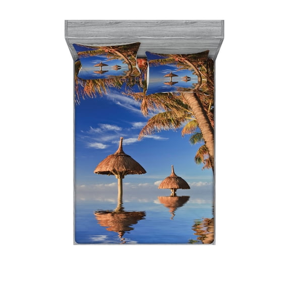 Ambesonne Tropical Fitted Sheet & Pillow Sham Set, Palm Trees Calm Ocean, Full, Blue Brown