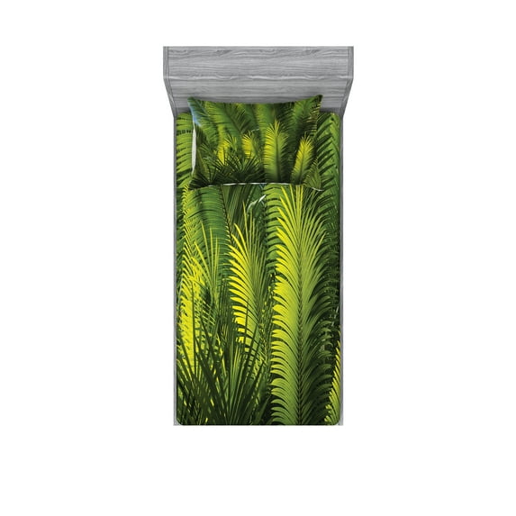 Ambesonne Tropical Fitted Sheet & Pillow Sham Set, Palm Trees Exotic, Twin, Green
