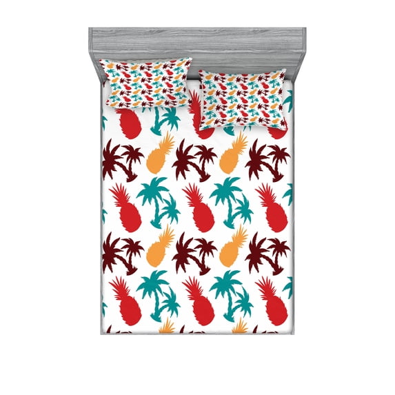 Ambesonne Tropical Fitted Sheet & Pillow Sham Set, Palm Trees Island, Full, Multicolor