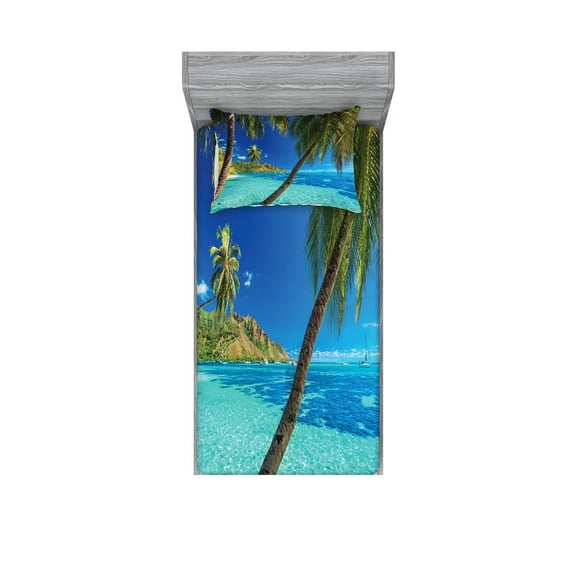 Ambesonne Tropical Fitted Sheet & Pillow Sham Set, Palm Trees Sea Beach, Twinxl, Turquoise Blue