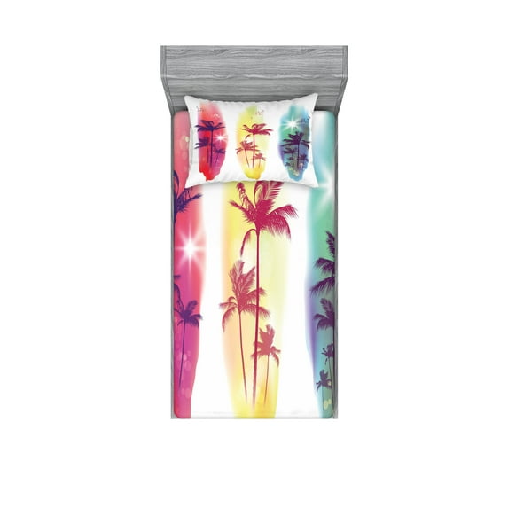 Ambesonne Tropical Fitted Sheet & Pillow Sham Set, Palm Trees Seagulls, Twinxl, Pale Yellow Fuchsia