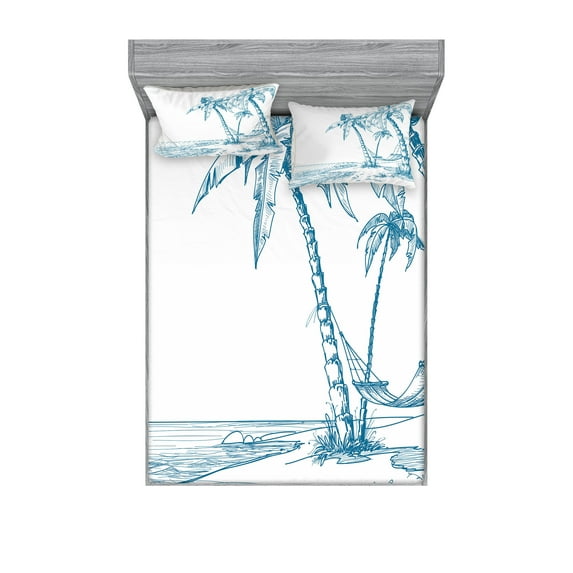 Ambesonne Tropical Fitted Sheet & Pillow Sham Set, Palm Trees at Beach, King, Blue White