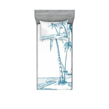 Ambesonne Tropical Fitted Sheet & Pillow Sham Set, Palm Trees at Beach, Twin, Blue White