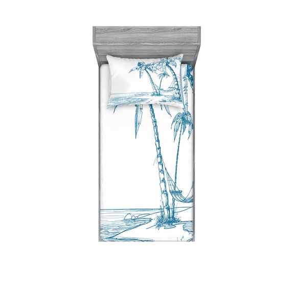 Ambesonne Tropical Fitted Sheet & Pillow Sham Set, Palm Trees at Beach, Twin, Blue White