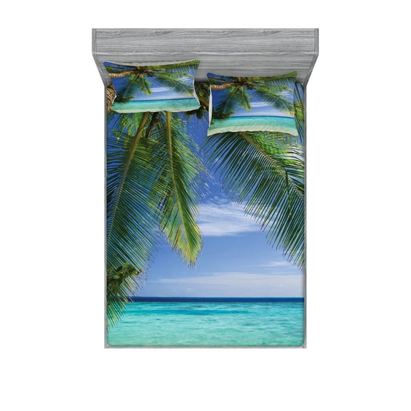 Ambesonne Tropical Fitted Sheet & Pillow Sham Set, Paradise View Maldives, Queen, Green Aqua Blue