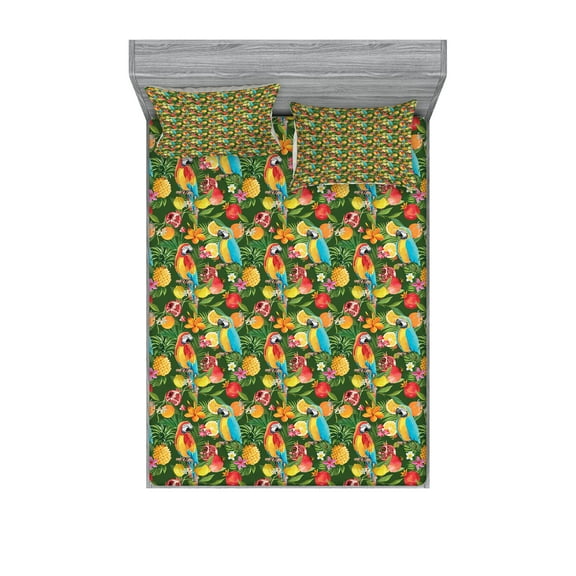 Ambesonne Tropical Fitted Sheet & Pillow Sham Set, Parrots and Pomegranate, Queen, Multicolor