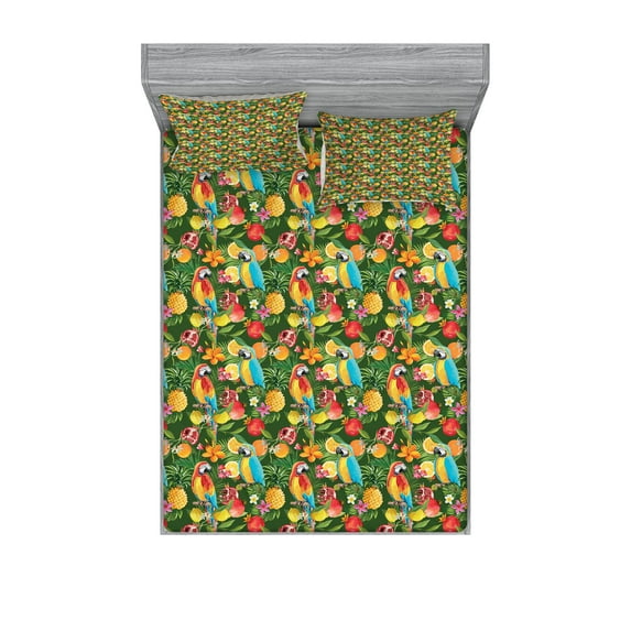 Ambesonne Tropical Fitted Sheet & Pillow Sham Set, Parrots and Pomegranate, Queen, Multicolor