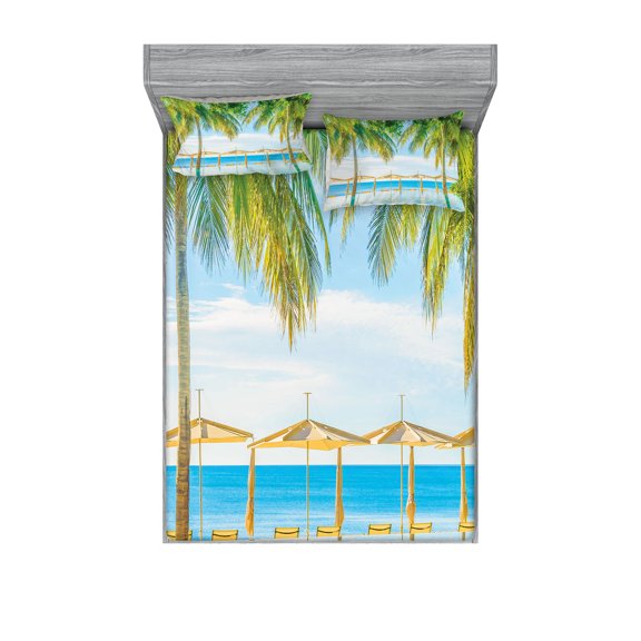 Ambesonne Tropical Fitted Sheet & Pillow Sham Set, Pool Resort Summer, Queen, Green Blue