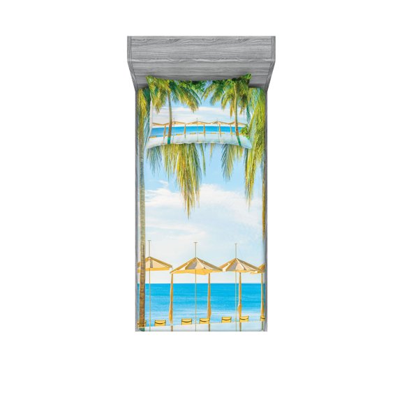 Ambesonne Tropical Fitted Sheet & Pillow Sham Set, Pool Resort Summer, Twinxl, Green Blue