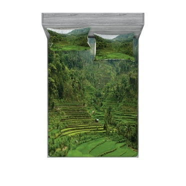 Ambesonne Tropical Fitted Sheet & Pillow Sham Set, Rice Paddies, Full, Green