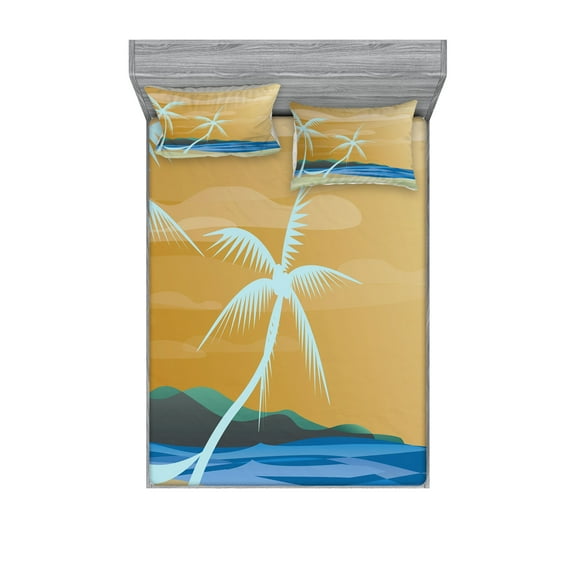 Ambesonne Tropical Fitted Sheet & Pillow Sham Set, Sandy Exotic Beach, Full, Navy Cream