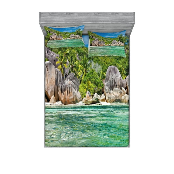 Ambesonne Tropical Fitted Sheet & Pillow Sham Set, Scenery of Island Tree, Full, Blue and Fern Green