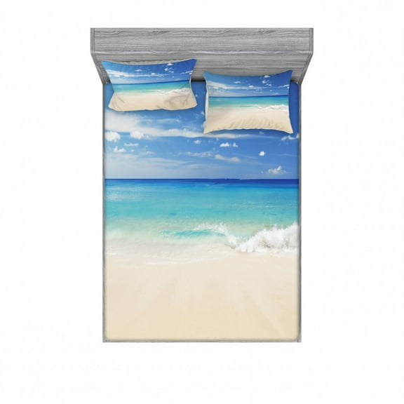 Ambesonne Tropical Fitted Sheet & Pillow Sham Set, Shore Sea with Waves, Full, Cream Turquoise White
