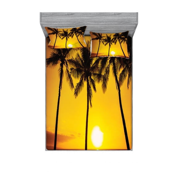 Ambesonne Tropical Fitted Sheet & Pillow Sham Set, Sunny Beach Exotic, Full, Pale Orange Brown