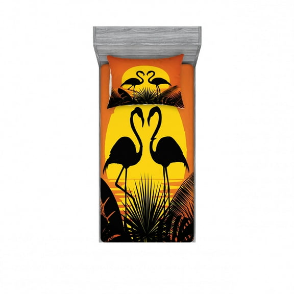 Ambesonne Tropical Fitted Sheet & Pillow Sham Set, Sunset Flamingo Leaves, Twin, Dark Orange Yellow Black