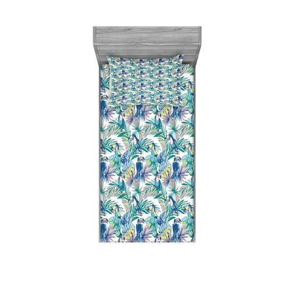 Ambesonne Tropical Fitted Sheet & Pillow Sham Set, Toucan Bird Monstera Leaf, Twinxl, Violet Blue Sea Green