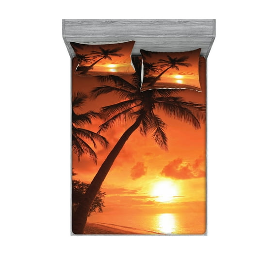 Ambesonne Tropical Fitted Sheet & Pillow Sham Set, Twilight Coconut Palms, Queen, Coral Orange Brown