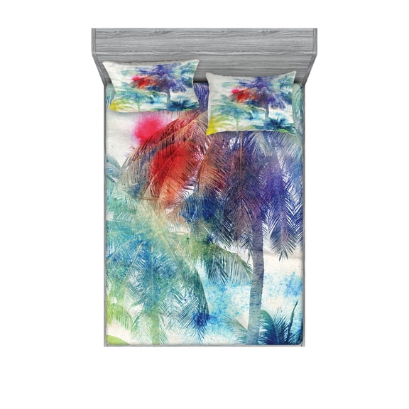 Ambesonne Tropical Fitted Sheet & Pillow Sham Set, Watercolor Palm Retro, Full, Multicolor
