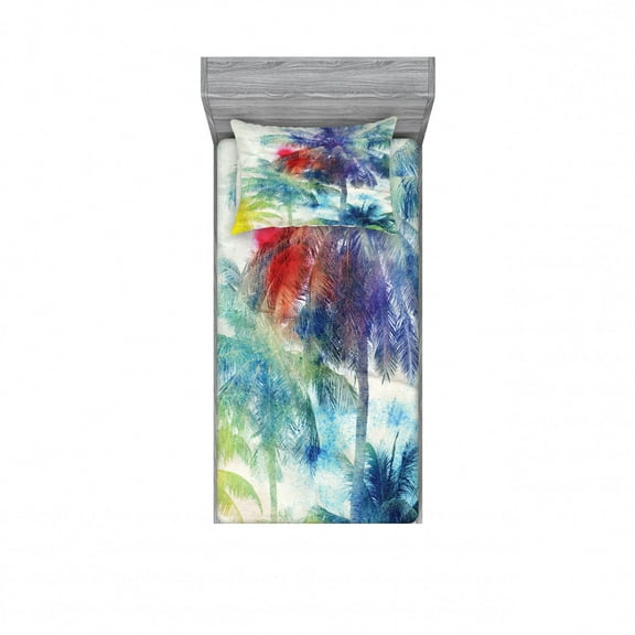 Ambesonne Tropical Fitted Sheet & Pillow Sham Set, Watercolor Palm Retro, Twin, Multicolor