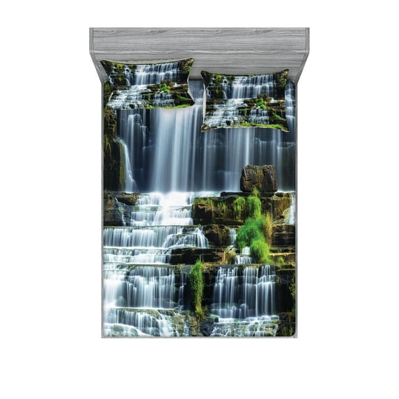 Ambesonne Tropical Fitted Sheet & Pillow Sham Set, Waterfall Jungle Rural, Full, Green White
