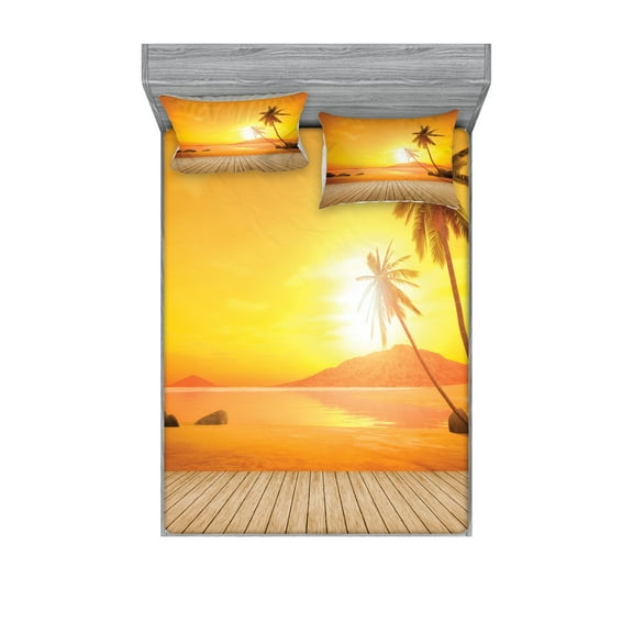 Ambesonne Tropical Fitted Sheet & Pillow Sham Set, Wooden Deck Sunset, Full, Orange Brown
