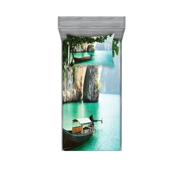 Ambesonne Tropical Fitted Sheet & Pillow Sham Set, World Seascape Shore, Twinxl, Multicolor