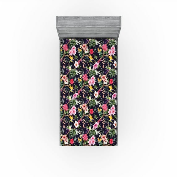 Ambesonne Tropical Fitted Sheet, Plumeria Hibiscus Leaves, Twin Size, Mustard Reseda Green