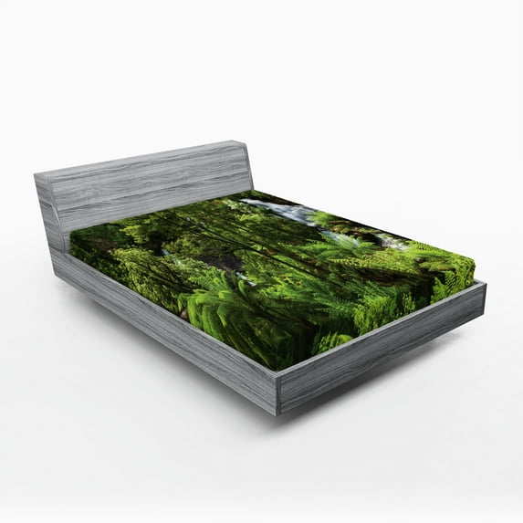 Ambesonne Tropical Fitted Sheet, Rainforest Fall River, Queen Size, Green